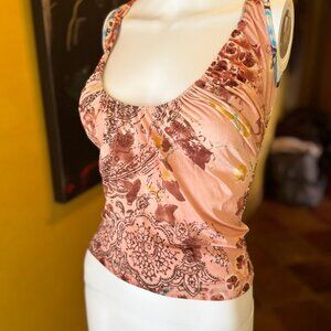 Plein Sud Jeans Ruched Sleeveless Top Pink Paisley Print Y2K Size 38/6